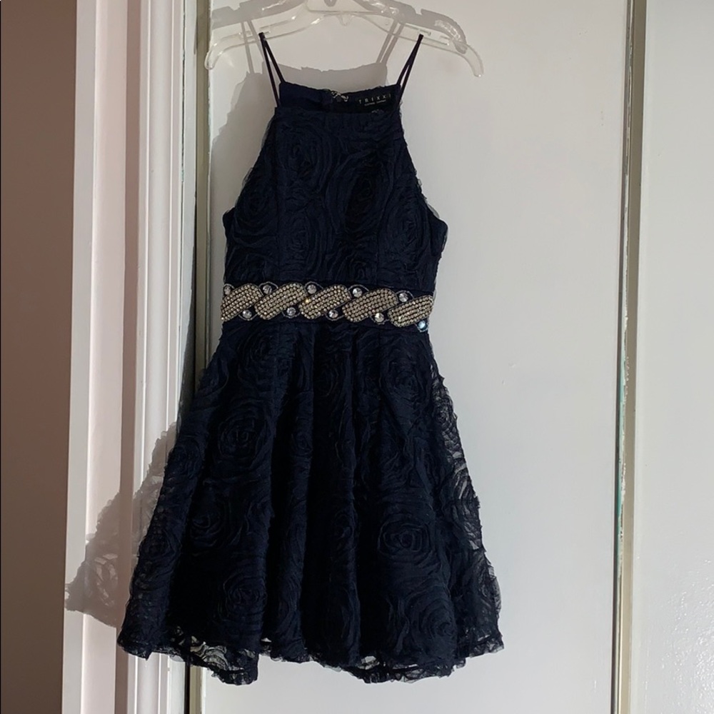 ROYAL BLUE ROSE DRESS WITH GOLD JEWELLED WAIST